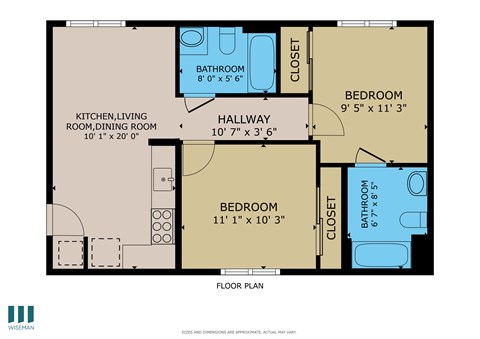Floor plan for 2 beds, 2 baths, 661 sqft